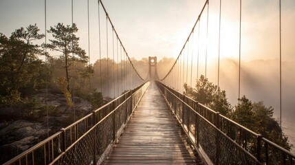 A suspension bridge stretches over a calm lake as morning light breaks through misty trees.