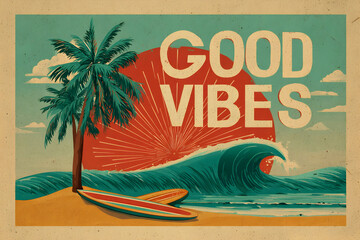 Obraz premium Retro surf vibes poster with palm tree and ocean wave for beach-themed decor