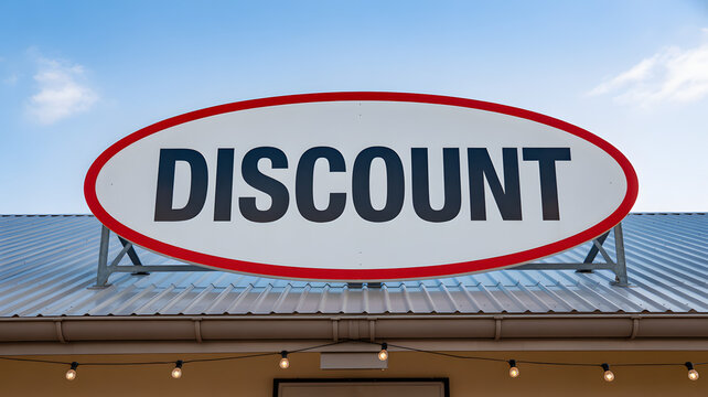 A large oval sign displays the word discount for sale above a building. - Powered by Adobe