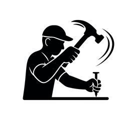 Hammer striking nail black silhouette with motion and curve lines building and fixing dad icon