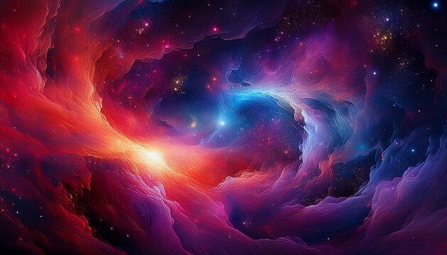 an abstract cosmic nebula swirling with hues of deep red purple and blue speckled with countless shimmering stars and hazy clouds of interstellar dust and gas - Powered by Adobe