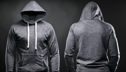 dark gray stonewashed hoodie shown from front and back against a dark background featuring a kangaroo pocket and drawstring hood