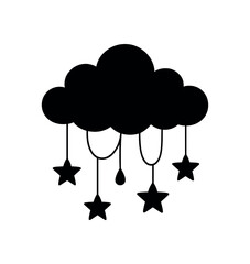Fototapeta premium Cloud with hanging stars black silhouette with drop and curve lines dreamy nursery decor element