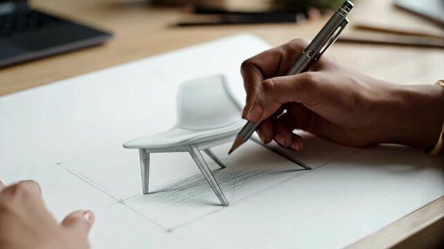 hand sketching modern chair design with a pencil for interior design blogs, product development websites, industrial architecture content, or creative process graphics