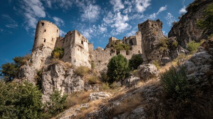 Fototapeta premium Ruins of a historic castle rise above rocky terrain surrounded by greenery on a sunny day.