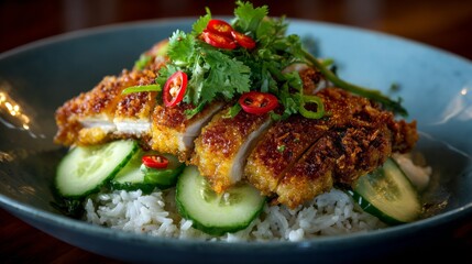 Crispy Fried Chicken Cutlet Served on a Bed of Steamed Rice with Fresh Slices of Cucumber and Garnished with Red Chili and Cilantro