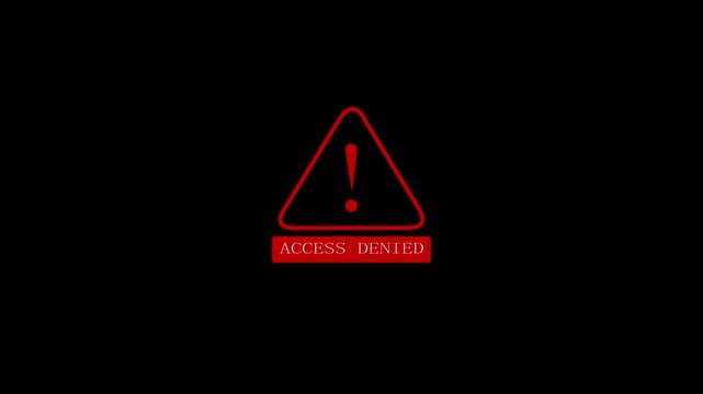 Cyber security alert with access denied video animation. Digital emergency security protection interface activation signal warning screen on a black background.