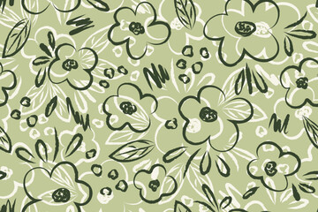 Seamless floral pattern drawn with black brushstrokes. Flowers hand drawn cute simple pastel background. Ink sketch. Black and white olive green background for botanical design
