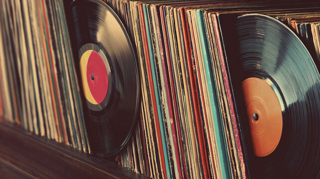 A collection of vinyl records on a shelf, showcasing a diverse collection of music