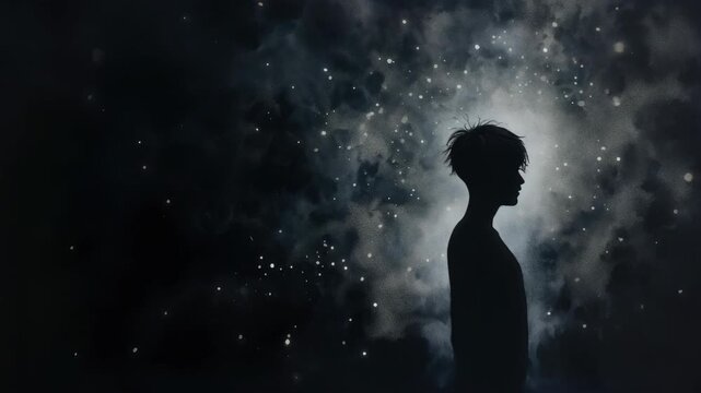 Silhouette of a person against a starry night sky, captured from a side angle. The scene evokes a dreamy, cinematic video atmosphere. Live desktop wallpaper.