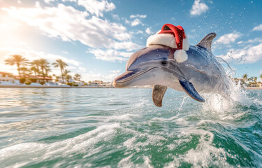 Obraz premium Playful dolphin wearing Santa Claus hat jumping out of water. Christmas and New Year season greeting card. 