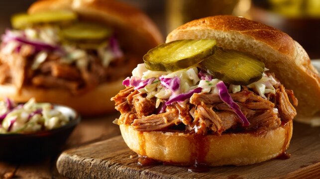 Delicious pulled pork sandwich with coleslaw, pickles, and BBQ sauce served on a toasted bun in rustic kitchen setting