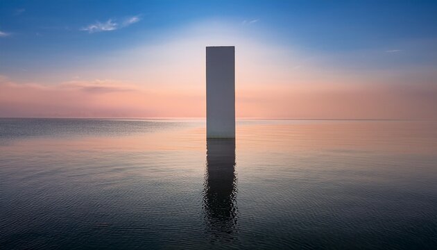 pastel sunrise over a calm sea reflects a pale rectangular monolith standing on a hazy horizon - Powered by Adobe
