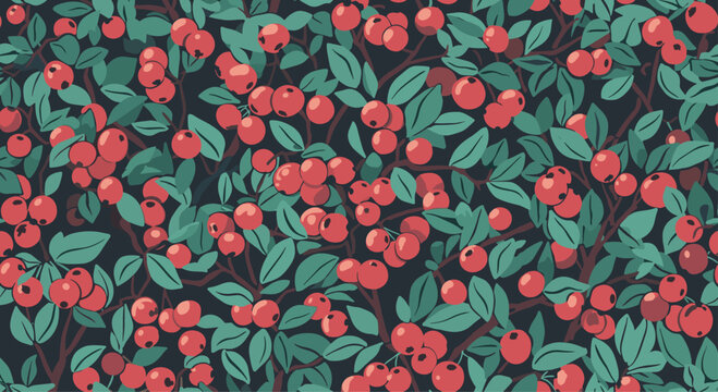 A dense and beautiful seamless pattern of branches with red berries and green leaves on a dark background for textiles.