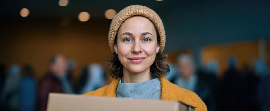 Energetic young woman transporting a large box labeled donations within a vibrant community center