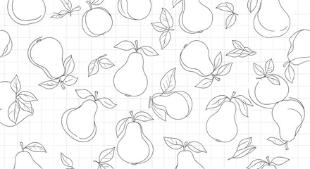 Simple black and white seamless pattern of hand-drawn pear outlines and leaves scattered on a school notebook grid background.