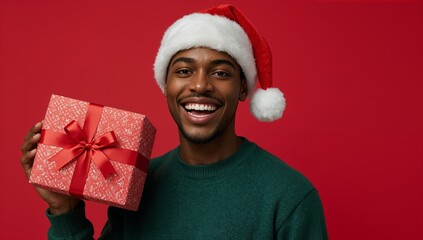 Young Man in Santa Hat Holding Christmas Gift Box on Red Background