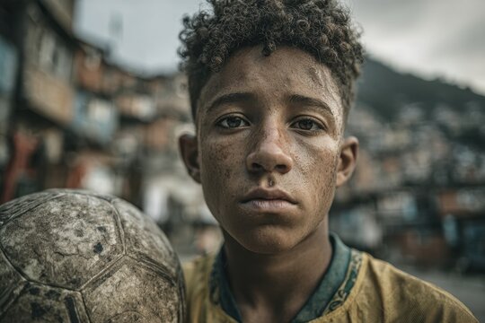 Brazilian boy holding a soccer ball in a favela.