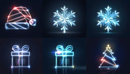 Shining holiday cheer with cool neon Santa hat, snowflakes and gift icons