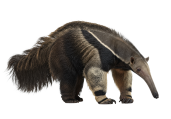 A majestic Giant Anteater (Myrmecophaga tridactyla) with shaggy brown fur and a black & white stripe, foraging on a transparent studio background with copy space, scientific animal study concept