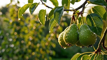 Fresh green pears on a tree branch with water droplets after rain illuminated by golden hour sunlight in an orchard. - Powered by Adobe