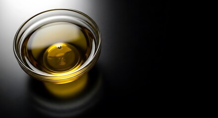 Golden cooking oil in small clear glass bowl on dark surface