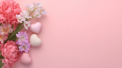 Pink Floral Arrangement with Heart-shaped Candies on Soft Pink Background