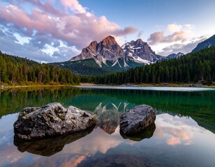 Scenic mountain lake reflection with clouds and trees under a twilight sky