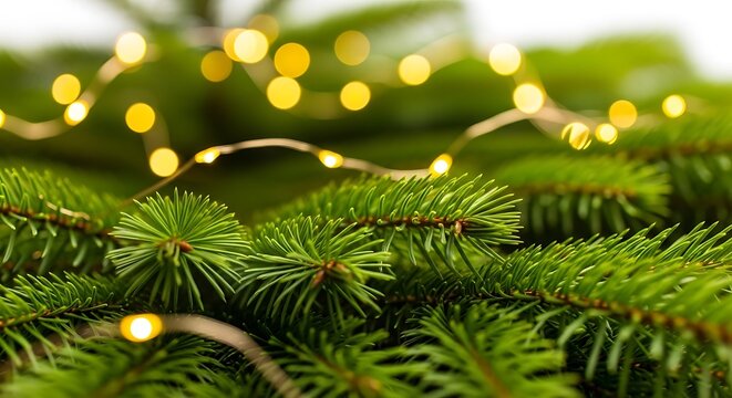 Close up of bright yellow fairy lights on green fir tree branch