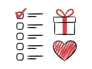 Checklist with checkmark gift box and heart illustration on white background