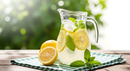 Refreshing pitcher of homemade lemonade with lemon slices and mint