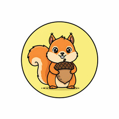 Cute Cartoon Squirrel Holding Acorn with Big Eyes.