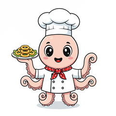 Cute Cartoon Octopus Chef Holding Plate of Onion Rings.