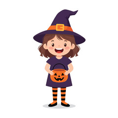 Cute Little Girl in Witch Costume Holding Pumpkin Basket.