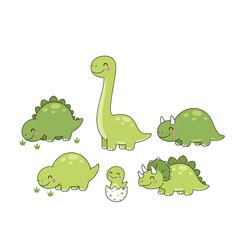 Cute Green Cartoon Dinosaurs Brachiosaurus Triceratops Stegosaurus Collection.