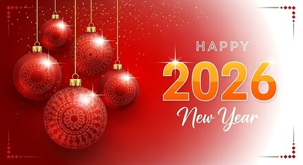 Happy 2026 new year greeting card with hanging red glitter ornament