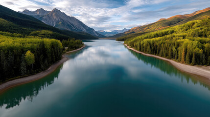 Naklejka premium Emerald lake surrounded by dense forest, mountain range, and blue sky reflecting on calm water, peaceful natural landscape