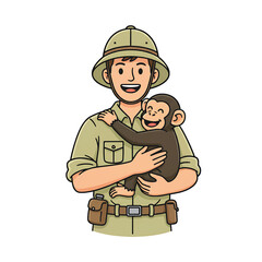 Explorer Hugging Adorable Baby Chimpanzee in Safari Outfit.