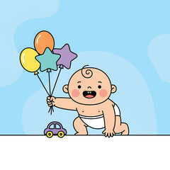 Happy Cartoon Baby Holding Colorful Balloons and Toy Car.