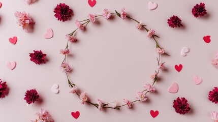 Pink Flower Heart Frame with Red and Pink Heart Confetti on Light Pink Background