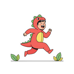 Happy Child Running in Red Dinosaur Costume.