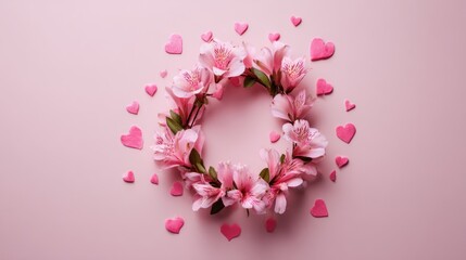 Pink Flower Wreath with Heart Shapes on Soft Pink Background