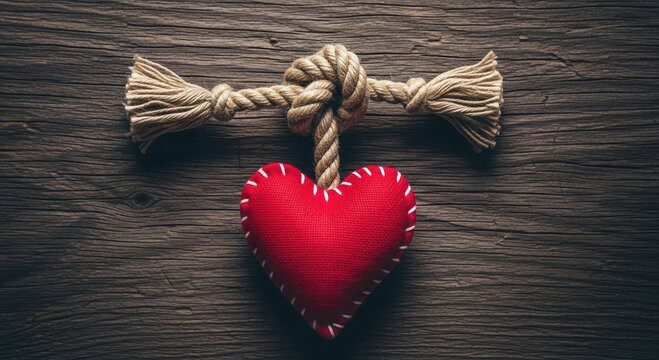 A symbolic depiction of love and connection, featuring a plush red heart tied with a sturdy rope knot on a textured wooden background, perfect for Valentines Day