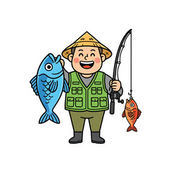 Happy Chubby Fisherman Holding Large Blue Fish and Rod with Orange Catch.