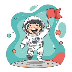 Happy Young Astronaut Holding Red Flag on Moon Surface.