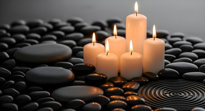 Spa Scene with Lit White Candles, Black Pebbles, and Ripple Effect on Red Background