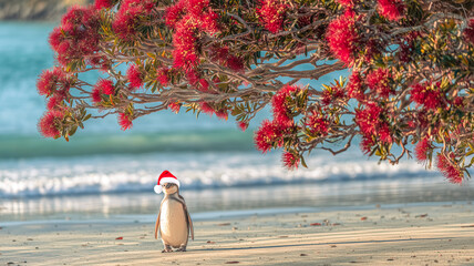 Penguin wearing Santa Claus hat walking along the beach under blooming pohutukawa trees (Metrosideros excelsa). Iconic New Zealand's native tree. Season greeting card.