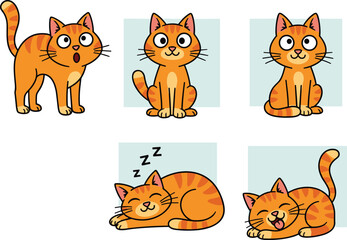 Cartoon orange tabby cat, cute feline expressions, sleeping cat illustration, grooming pose, surprised kitten, sitting cat, animal emotions, vector art