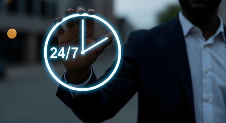 A man in a suit holding a neon clock with 24/7 on it representing around the clock service and support