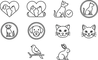 Minimalist animal icon set, black and white pets, cat dog bird rabbit, pet logo elements, vector line art, clean design